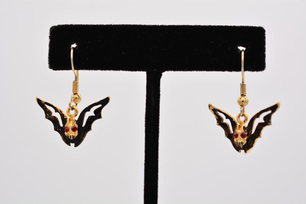 Vintage Black Bat Earrings Halloween Red Rhinestone Crystal 1990s BinAZ